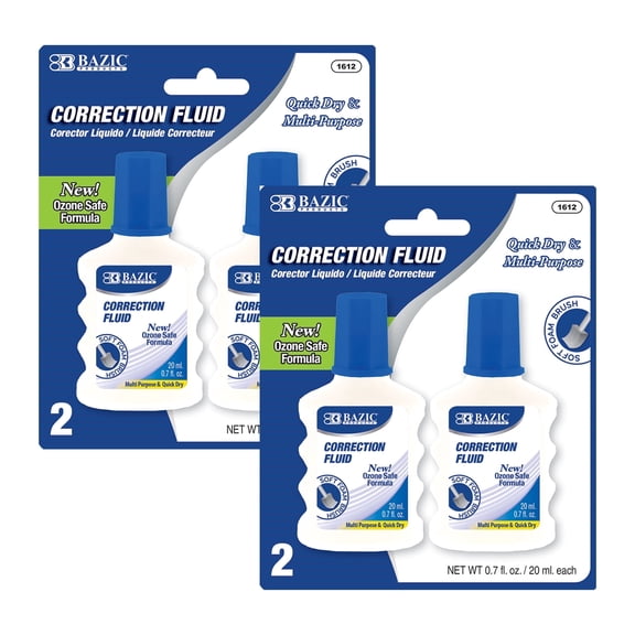 BAZIC Correction Fluid, 0.7 fl oz, 2 Count, Foam Brush Applicator, 2 Pack