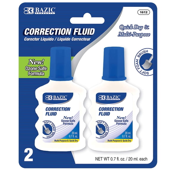 BAZIC Correction Fluid, 0.7 fl oz, 2 Count, Foam Brush Applicator