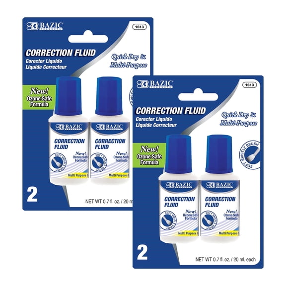 BAZIC Correction Fluid 20 ml, Bristle Brush White Out (2/Pack), 2-Packs