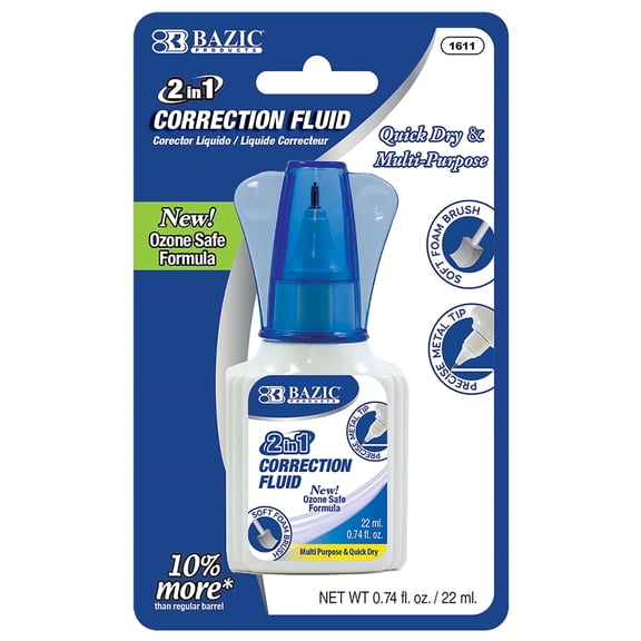 BAZIC Correction Liquid White Out 22 ml, Foam Brush & Metal Tip, 1-Pack