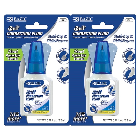 BAZIC Correction Liquid White Out 22 ml, Foam Brush & Metal Tip, 2-Pack