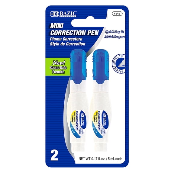 BAZIC Correction Pen Mini White Out 5 ml, Precise Metal Tip (2/Pack), 1-Pack