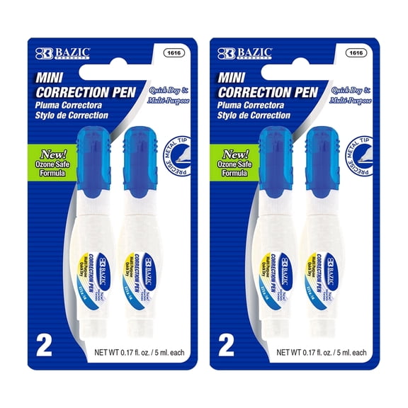 BAZIC Correction Pen Mini White Out 5 ml, Precise Metal Tip (2/Pack), 2-Packs