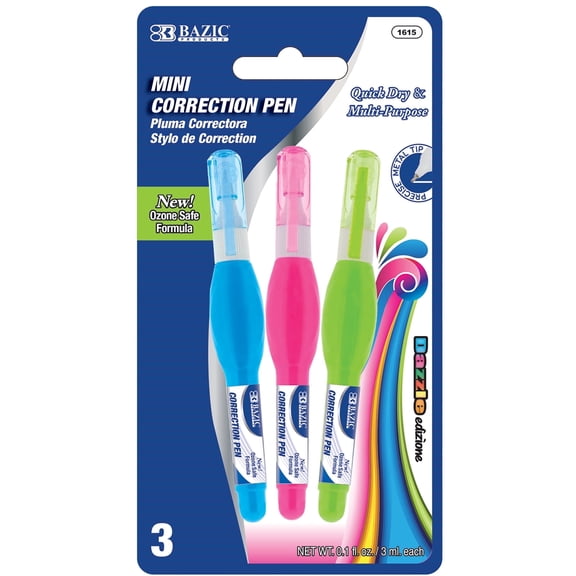 BAZIC Correction Pen White Out 3 ml, Precise Metal Tip (3/Pack), 1-Pack