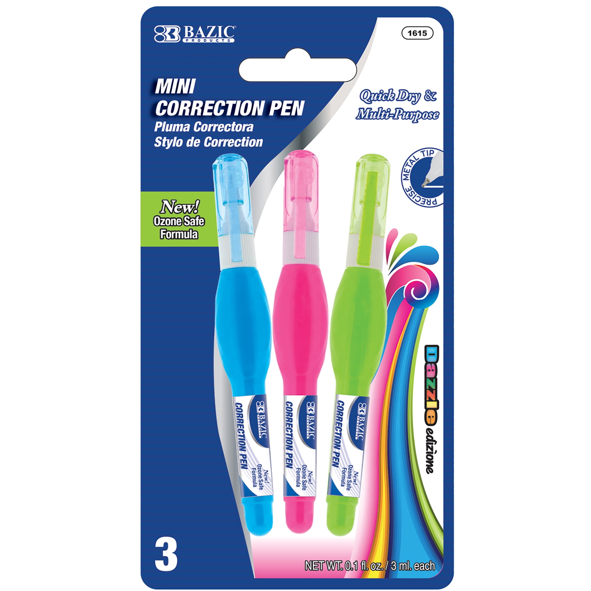 BAZIC Correction Pen White Out 3 ml, Precise Metal Tip (3/Pack), 1-Pack