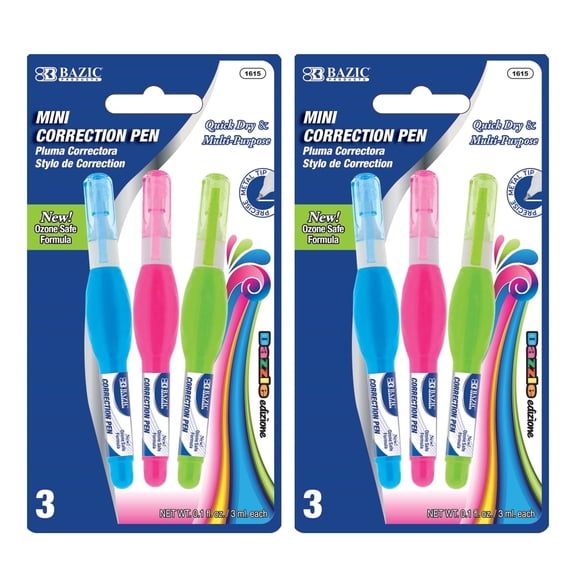 BAZIC Correction Pen White Out 3 ml, Precise Metal Tip (3/Pack), 2-Packs
