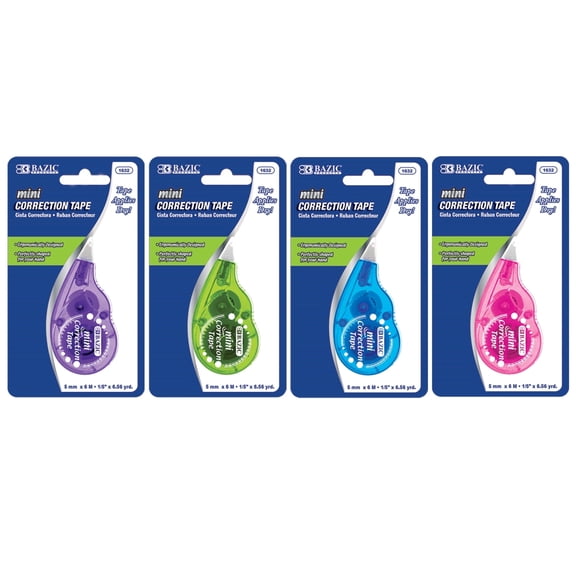 BAZIC Correction Tape 5 mm x 196" Mini Instant Corrections, 4-Pack