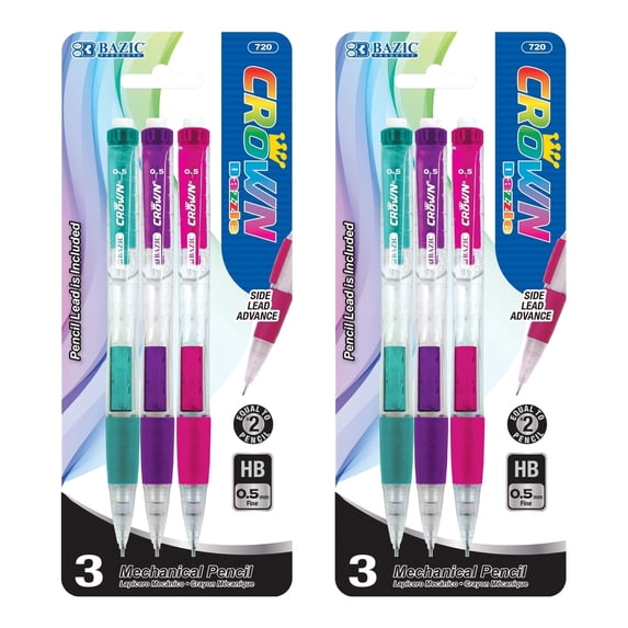 BAZIC Crown Mechanical Pencil 0.5mm, Soft Grip, (3/Pack), 2-Packs