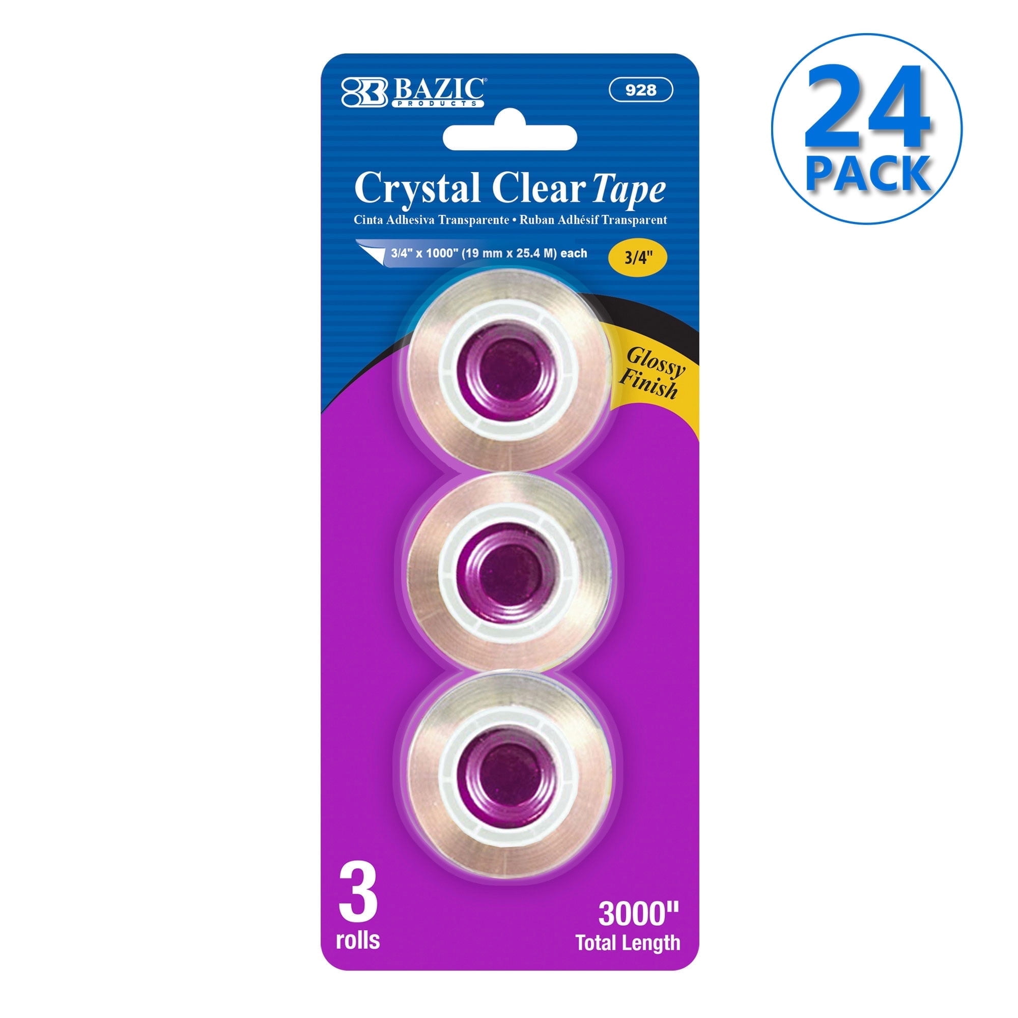 BAZIC Crystal Clear Tape Refill 3/4" X 1000", Glossy Finish, (3/Pack), 24-Pack