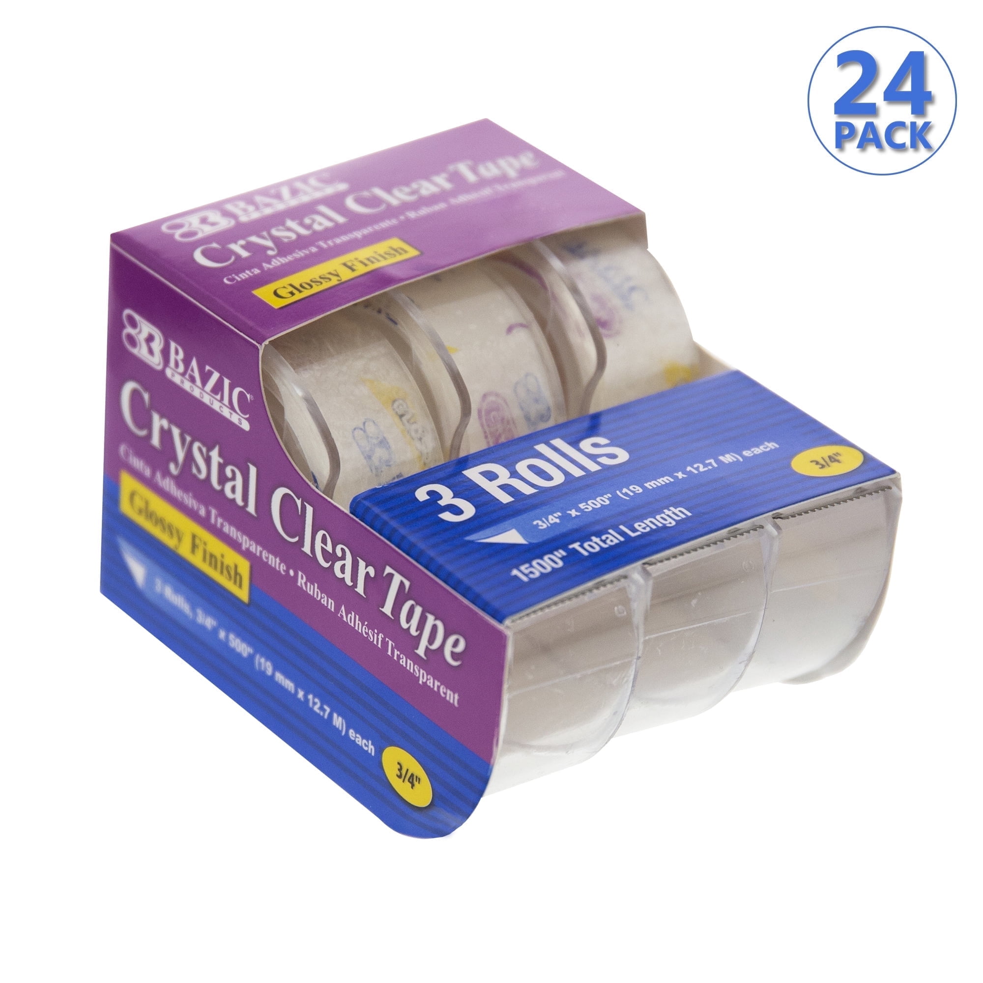 BAZIC Crystal Clear Tape w/ Dispenser 3/4" X 500", Glossy Finish, (3/Pack), 24-Pack