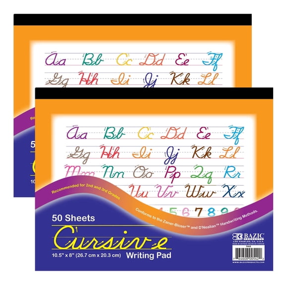 BAZIC Cursive Writing Pad 50 Sheet 10.5"x8" Handwriting Workbook, 2-Pack