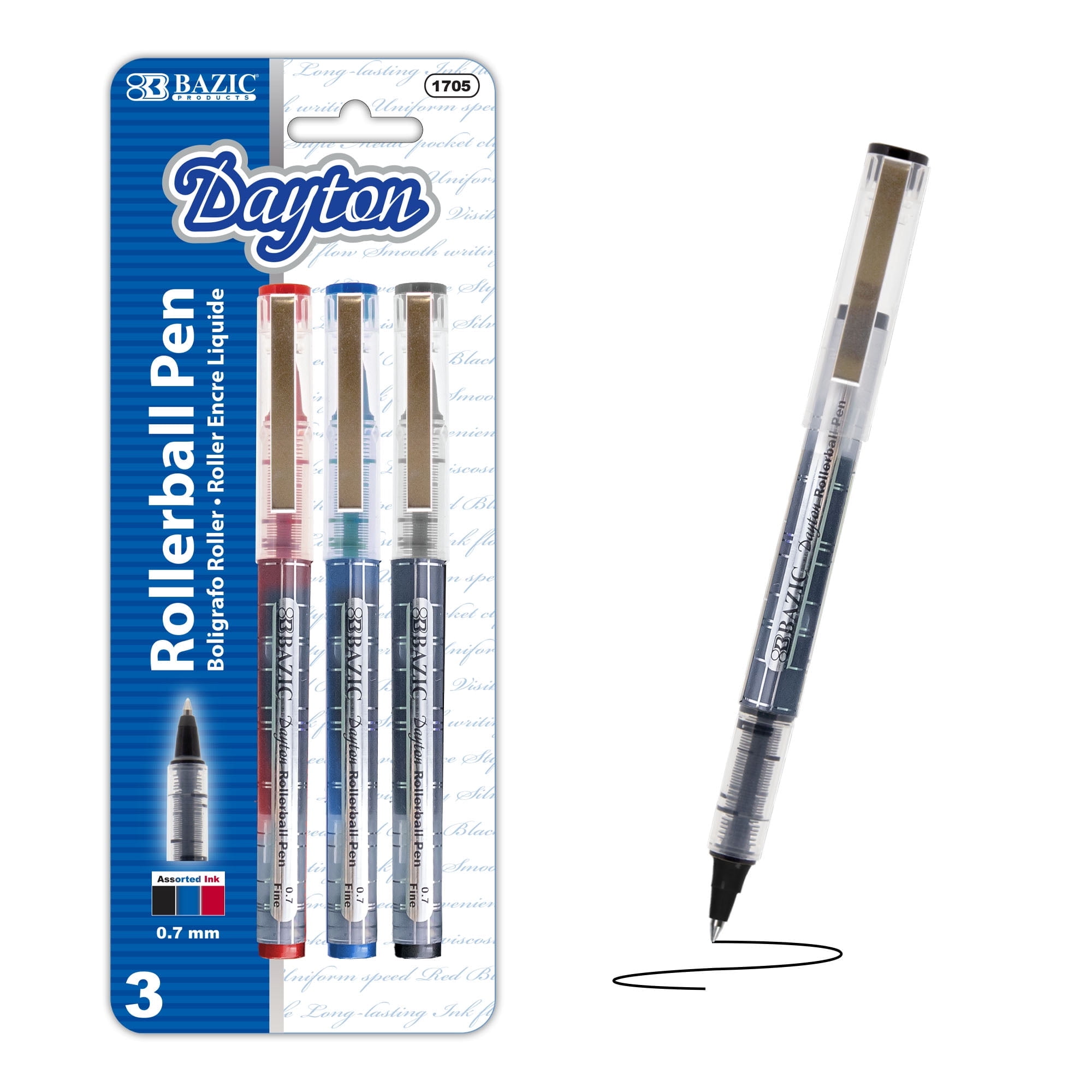 BAZIC Dayton Assorted Color Rollerball Pen 0.7mm w/ Regulator, (3/Pack), 24-Pack