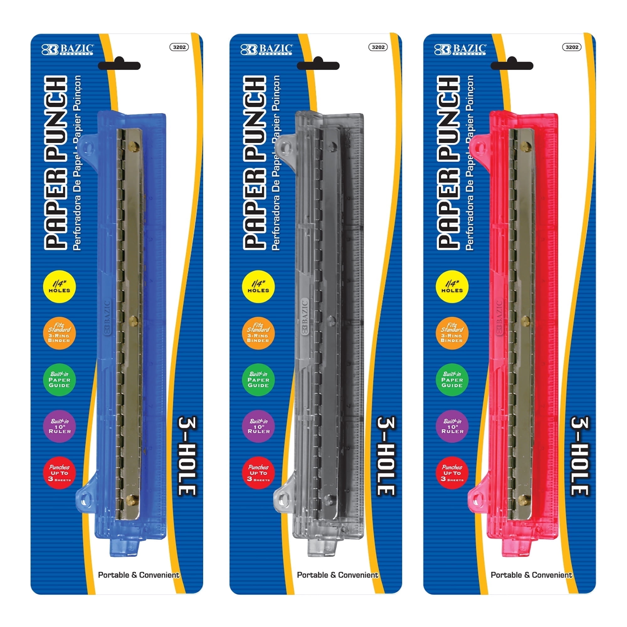 Desktop Portable Paper Punch 3 Hole 1/4" w/ 10" Ruler Guide, Red, Grey, Blue - 3-Pack - Enday