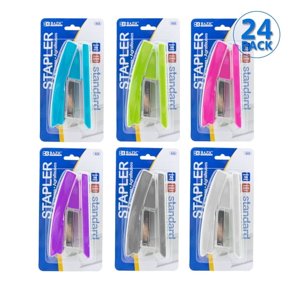 BAZIC Desktop Stapler Standard (26/6), 20 Sheets Bright Color, 24-Pack