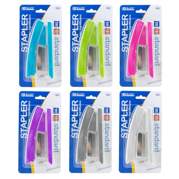 BAZIC Desktop Stapler Standard (26/6), 20 Sheets Bright Color, 6-Pack