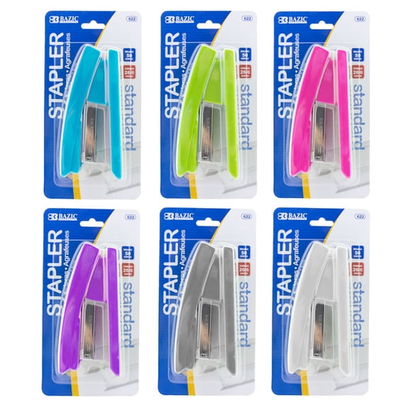 BAZIC Desktop Stapler Standard (26/6), 20 Sheets Bright Color, 6-Pack