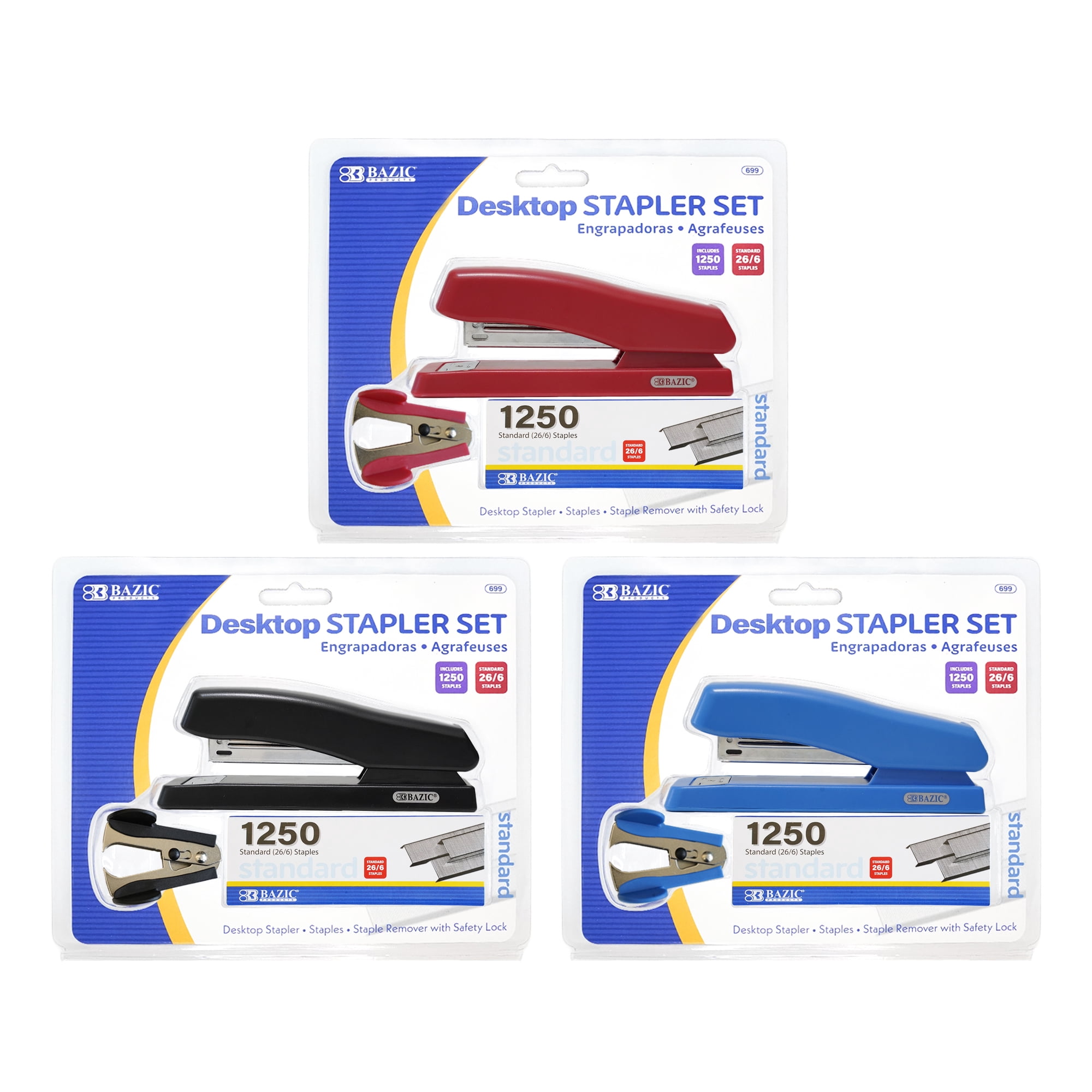 BAZIC Desktop Stapler + Staple Remover + 1250 Staples, 3-Pack