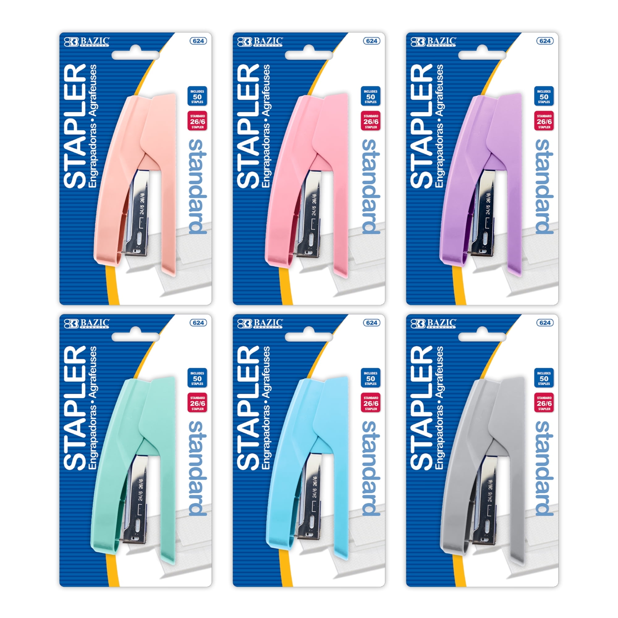 BAZIC Desktop Stapler with 50 Staples (26/6), Assorted Pastel Color Standard Stapler, 15 Sheet Capacity, Ergonomic Jam Free, 6-Pack