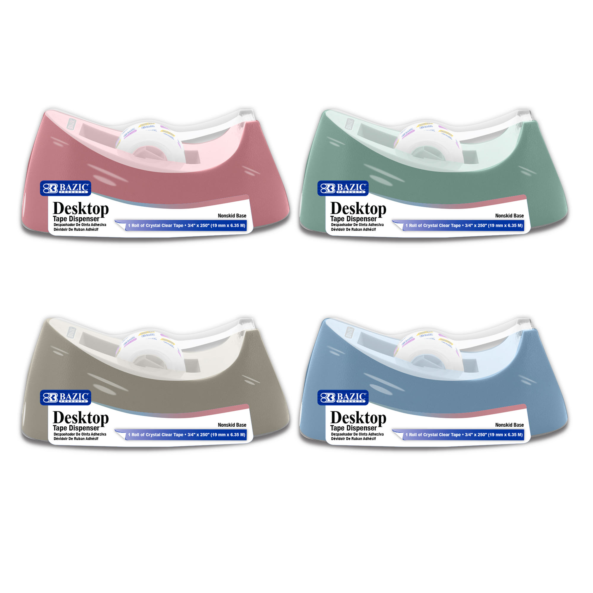 BAZIC Desktop Tape Dispenser w/ Tape Refill 3/4" x 250", 1" Core Non-Skid Base, 4-Pack