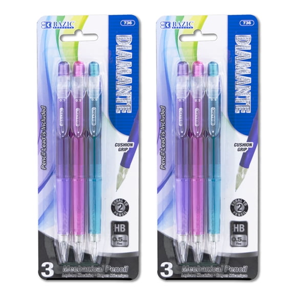 BAZIC Diamante 0.5 mm Mechanical Pencils, HB Lead, Grip, 3 Count