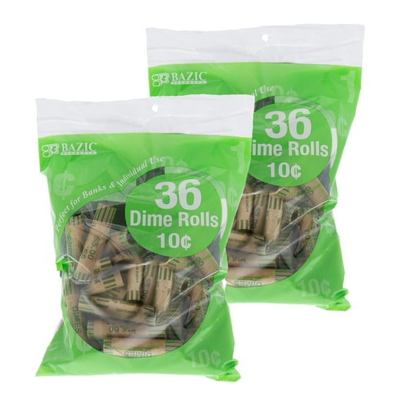 BAZIC Dime Coin Wrappers Rolls, Made in USA Coins Tubes (36/Pack), 2-Packs