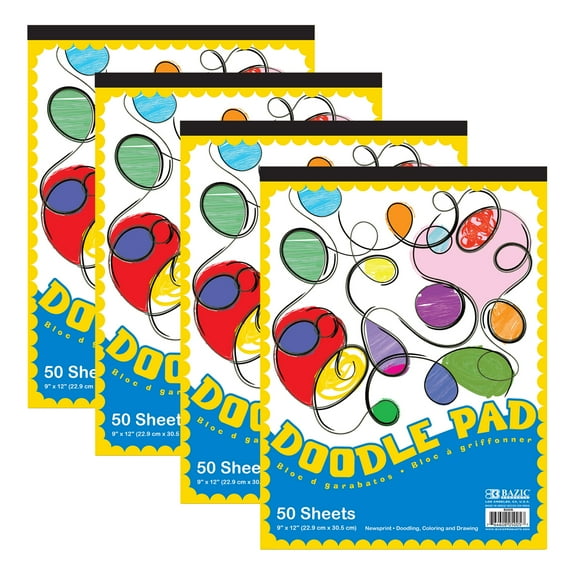 BAZIC Doodle Pad 50 Sheets 9"x12" Doodling Drawing Pads Papers, 4-Pack