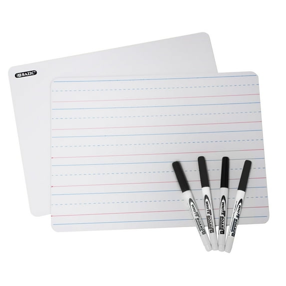 BAZIC Dry Erase Lap Board + 4 Black Marker, Double Sided Whiteboard Primary Ruled Lined & Blank, 1-Pack