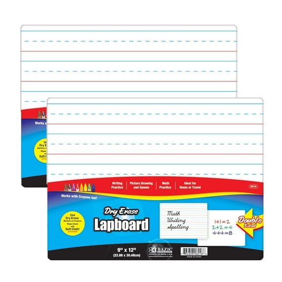 BAZIC Dry Erase Lap Board 9"x12", Double Sided Primary Ruled & Blank, 2-Packs