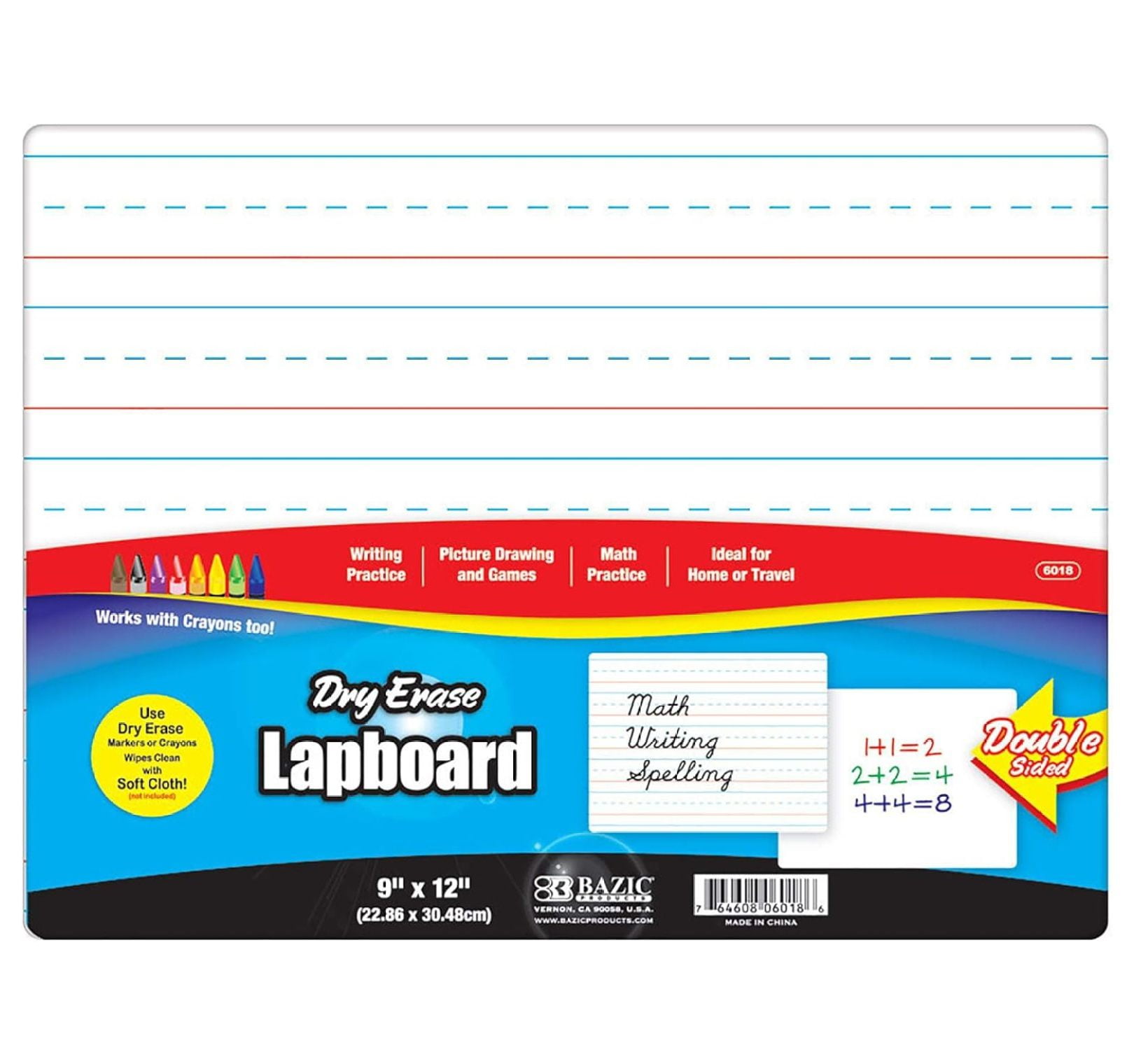 BAZIC Dry Erase Lap Board 9"x12", Double Sided Primary Ruled & Blank