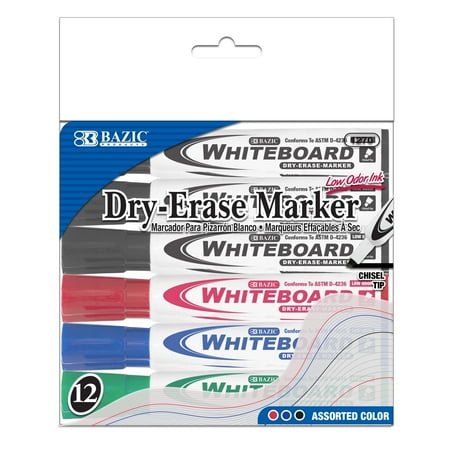 BAZIC Dry Erase Marker Assorted Color Chisel Tip Whiteboard Markers (12/Pack), 1-Pack