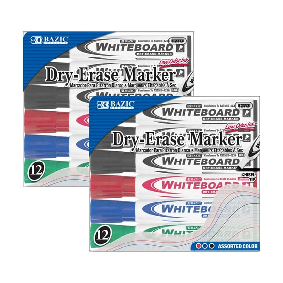 BAZIC Dry Erase Marker Assorted Color Chisel Tip Whiteboard Markers (12/Pack), 2-Packs
