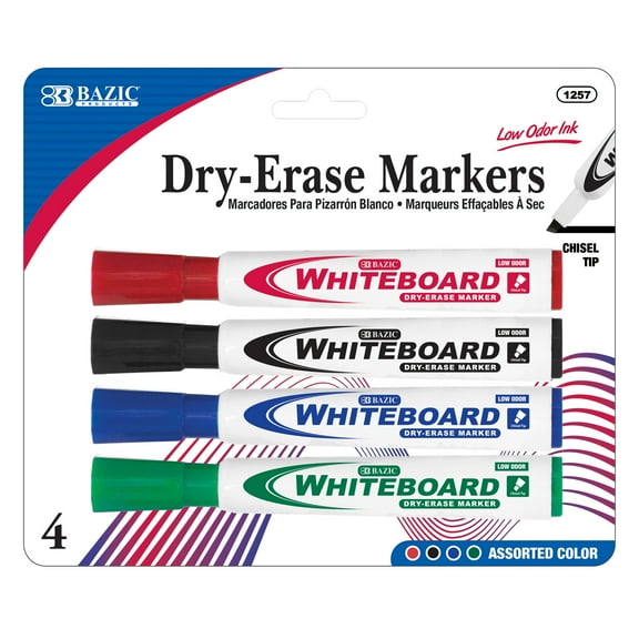 BAZIC Dry Erase Marker Assorted Color Chisel Tip Whiteboard Markers (4/Pack), 1-Pack