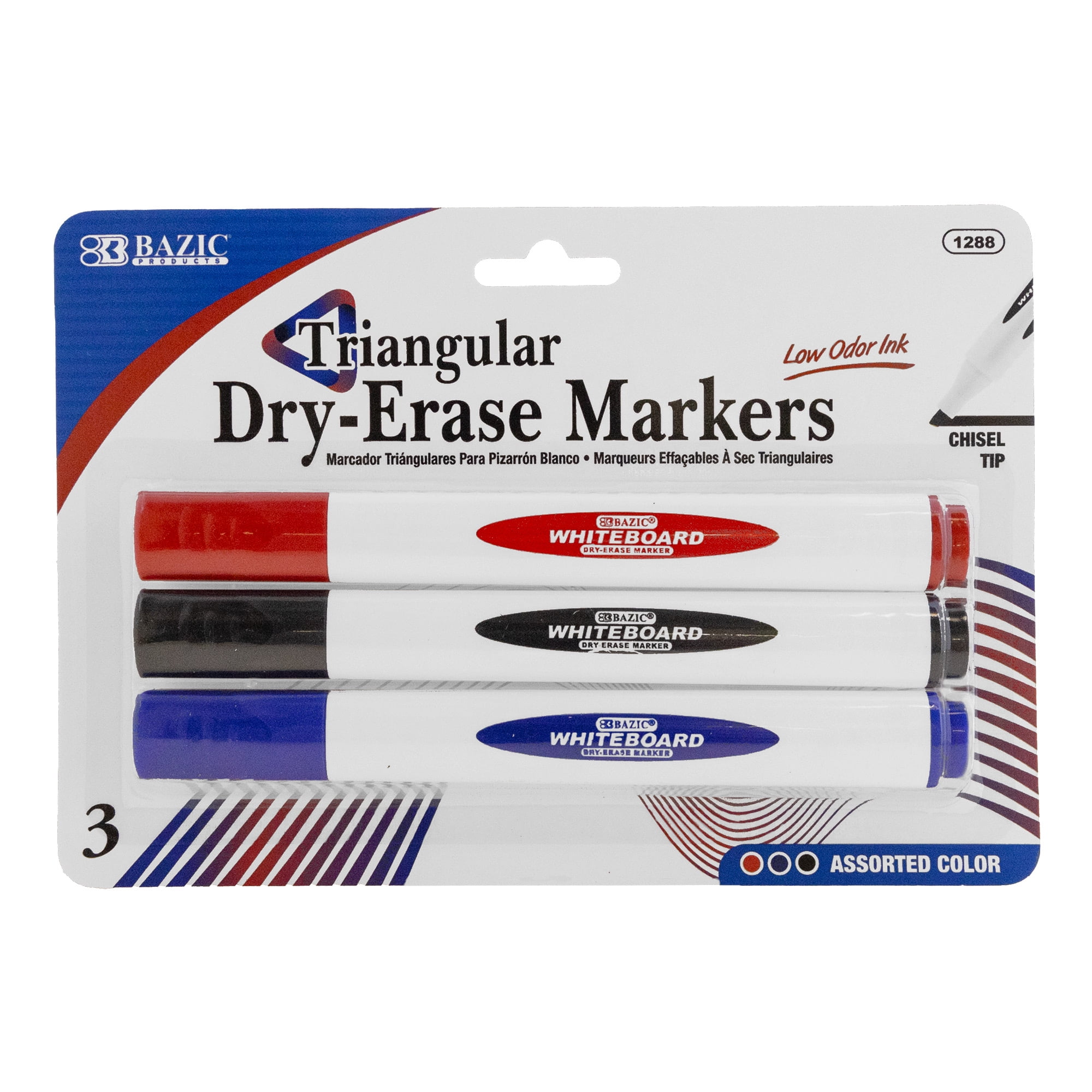 BAZIC 3 Assorted Colors Chisel Tip Dry-Erase Markers w/ Eraser Bazic  Products
