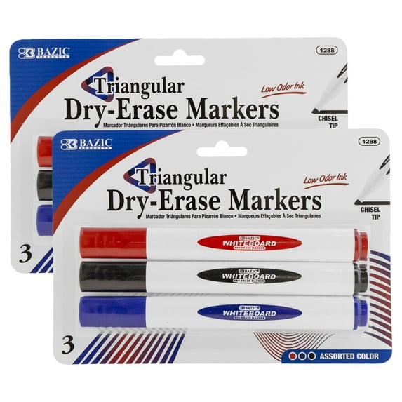 BAZIC Dry Erase Marker Assorted Color Chisel Tip, Whiteboard Pen Marcador, Low Odor Markers White Board Pens (3/Pack), 2-Packs