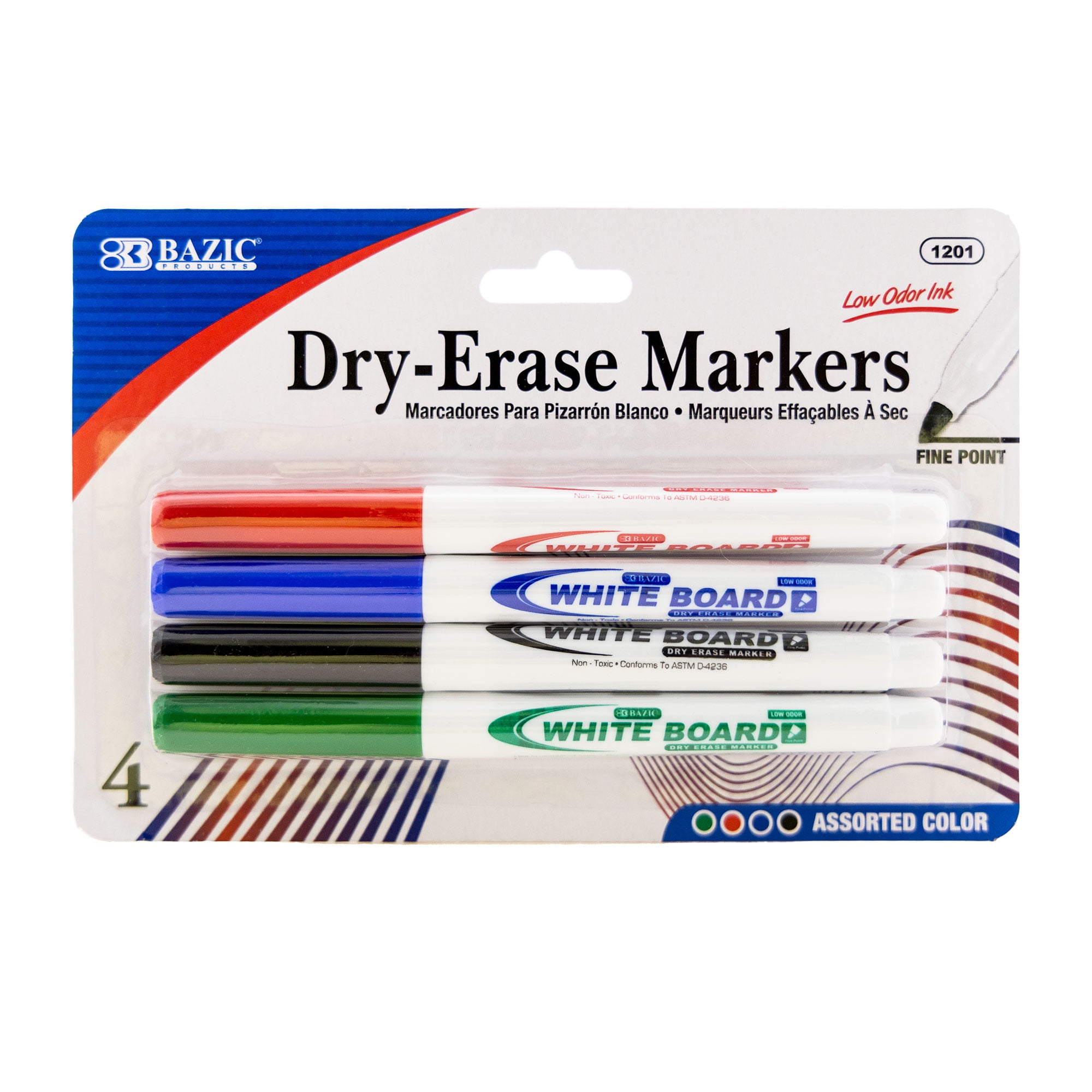 BAZIC Dry Erase Marker Assorted Color Fine Tip Whiteboard Markers (4