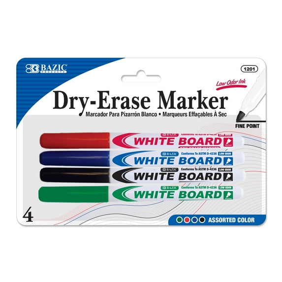 BAZIC Dry Erase Marker Assorted Color Fine Tip Whiteboard Markers (4/Pack), 1-Pack