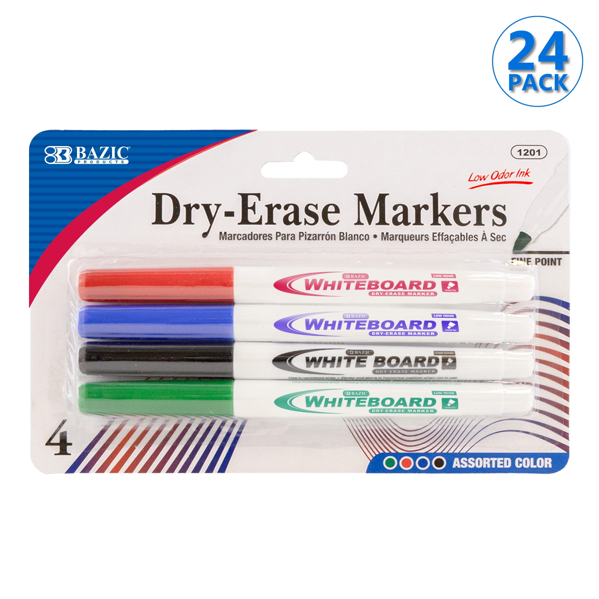 BAZIC Dry Erase Marker Assorted Color Chisel Tip, Whiteboard Pen Marcador,  Low Odor Markers White Board Pens (3/Pack), 1-Pack