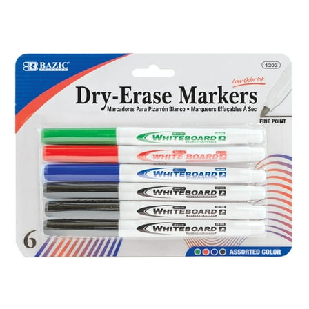 BAZIC Dry Erase Marker Assorted Color Fine Tip Whiteboard Markers (6/Pack), 12-Packs