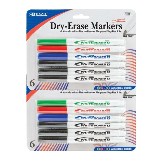 BAZIC Dry Erase Marker Assorted Color Fine Tip Whiteboard Markers (6/Pack), 2-Packs