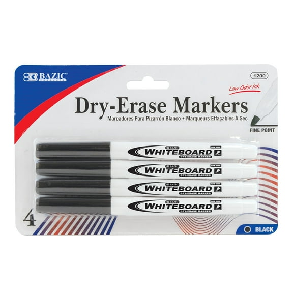 BAZIC Dry Erase Marker Black Fine Tip Whiteboard Markers (4/Pack), 1-Pack