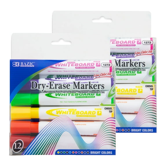 BAZIC Dry Erase Marker Bright Color Chisel Tip Whiteboard Markers (12/Pack), 2-Packs