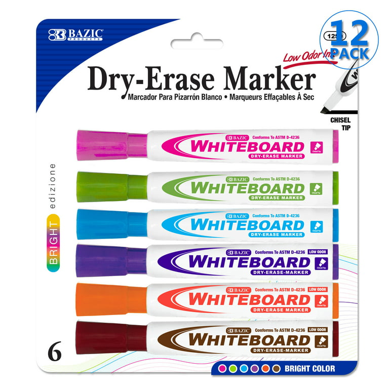 BAZIC Dry Erase Marker Bright Color Chisel Tip Whiteboard Markers (6/Pack),  12-Packs 