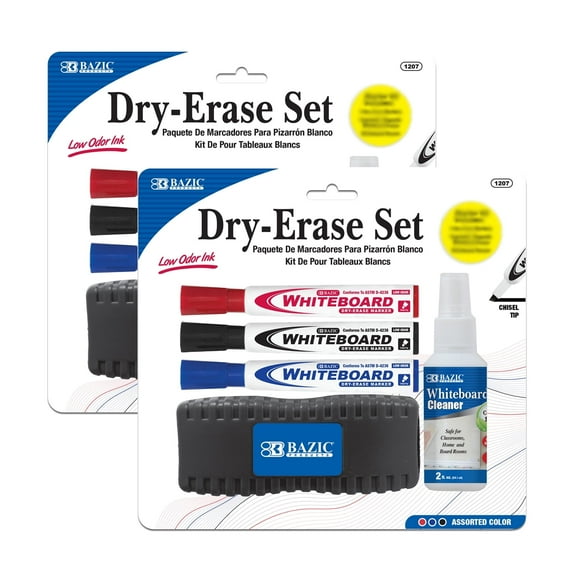 BAZIC Dry Erase Set, Marker + Board Eraser + Cleaner, Chisel Tip Whiteboard Pen, 2-Packs