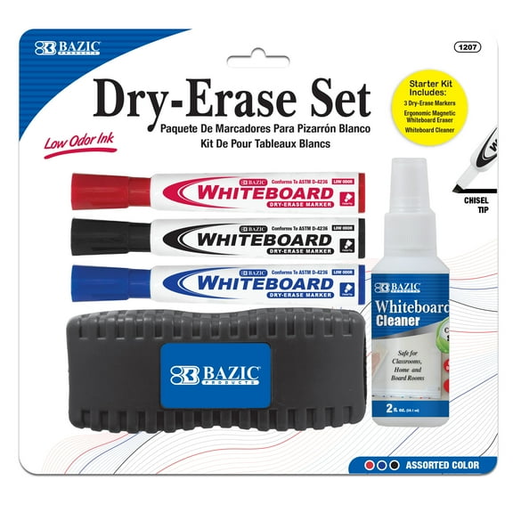 BAZIC Dry Erase Set, Marker + Board Eraser + Cleaner, Whiteboard Markers Set, 1-Pack