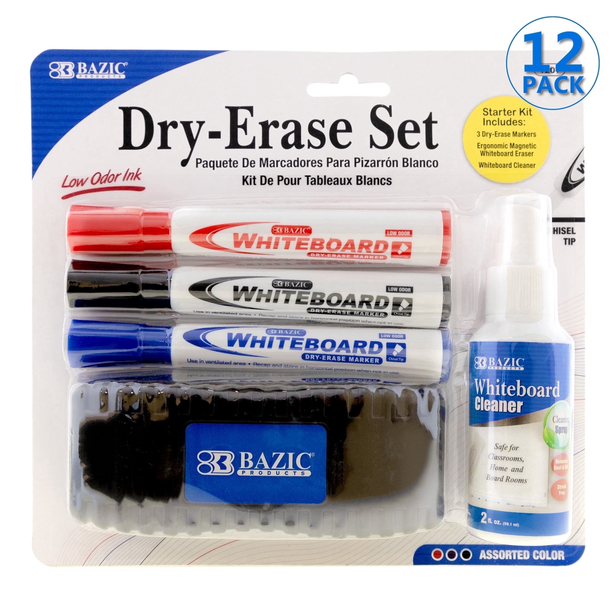 BAZIC Dry Erase Set, Marker + Board Eraser + Cleaner, Whiteboard Markers Set, 12-Packs