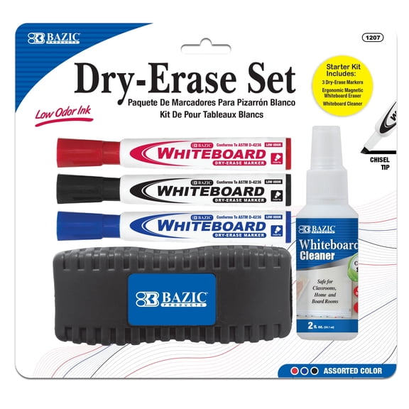 BAZIC Dry Erase Starter Kit, 3 Markers, Eraser & Cleaner