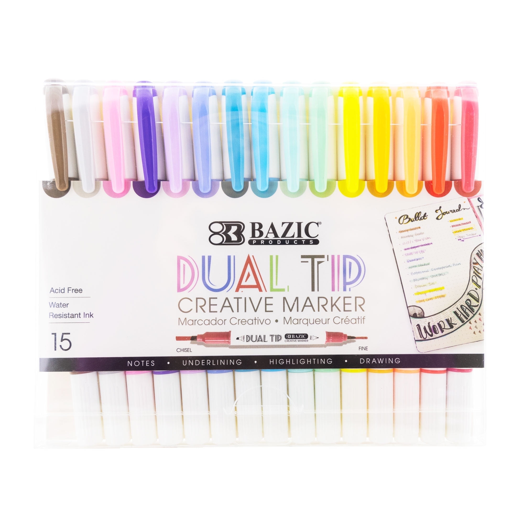 BAZIC Dual Tip Creative Markers Set, Broad & Fine Point Tips Highlighter, 15 Colors Art Marker Pens, 1-Pack