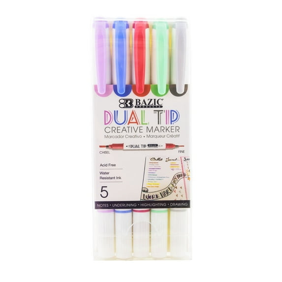 BAZIC Dual Tip Creative Markers Set, Broad & Fine Point Tips Highlighter, 5 Colors Art Marker Pens, 1-Pack