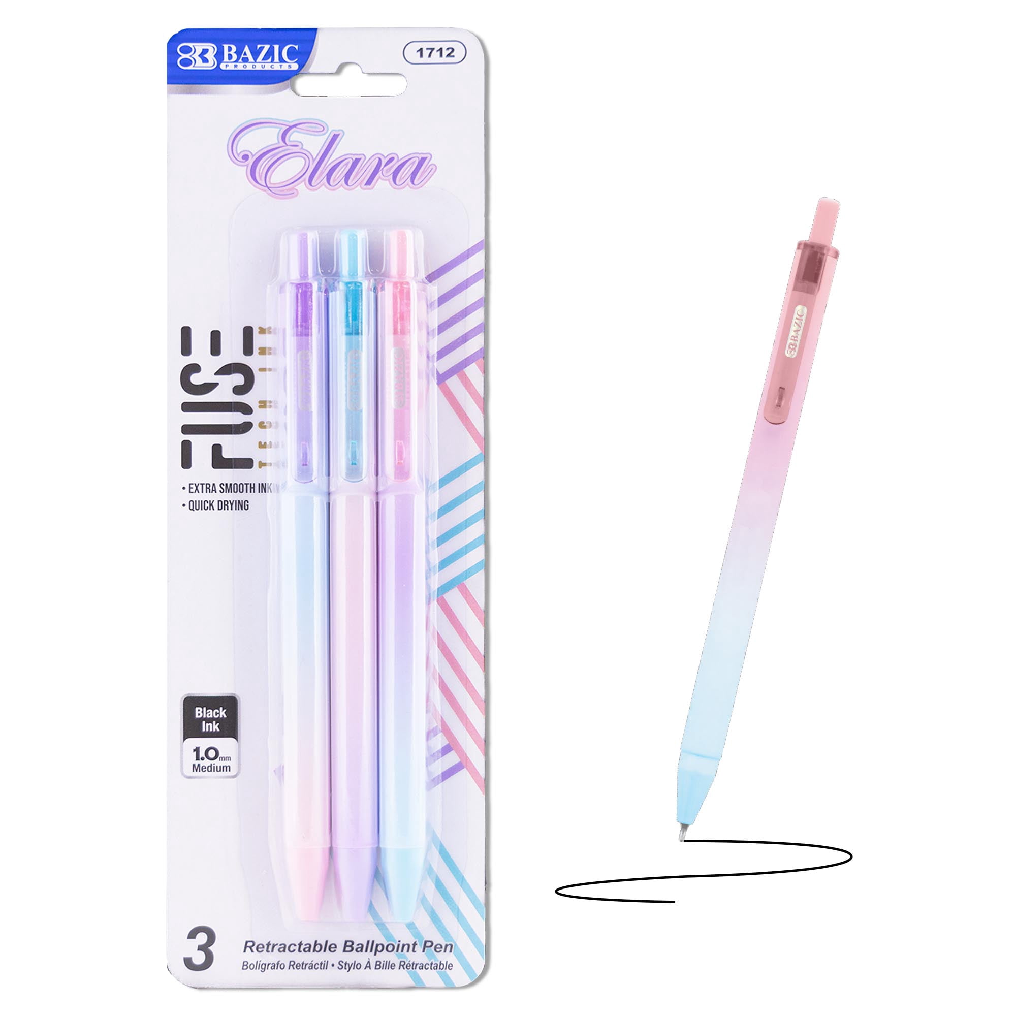 BAZIC Elara Fuse Tech Ink Retractable Pen, 1.0 mm Medium Point Black Ink, Gradient Barrel (3/Pack), 24-Pack