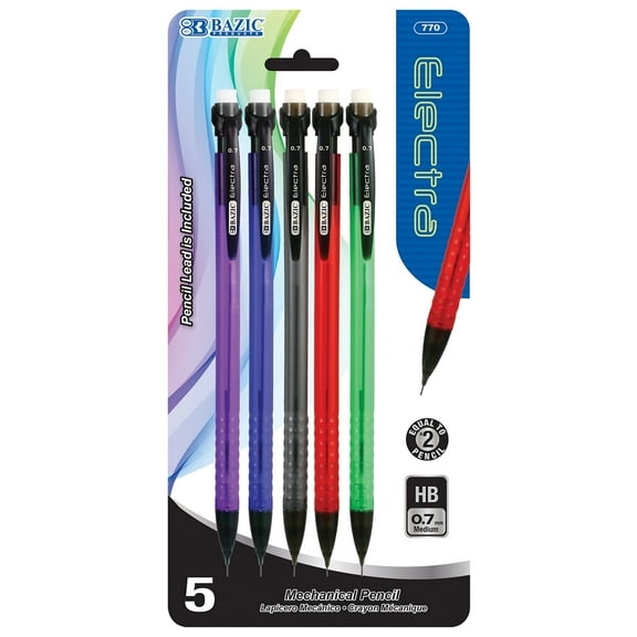 BAZIC Electra Mechanical Pencil 0.7mm, Latex Free Eraser, (5/Pack), 1-Pack